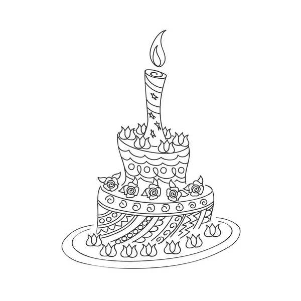 生日贺卡或儿童和成人着色书单色蛋糕草图 孤立的轮廓涂鸦蛋糕与玫瑰和蜡烛 Eps — 图库矢量图片