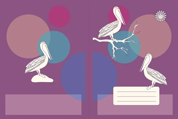 Design notebook școală cu pelicani desene animate — Vector de stoc