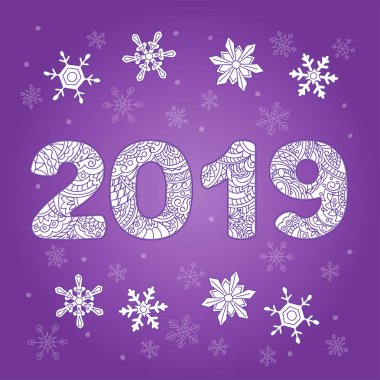 Çekilen numaralar 2019 karışık zen şekillerle desenli el. El yazısı ile dekore takvim, afiş, yeni yıl kartı için görsel üç boyutlu efekt 2019 yazı tipi. Beyaz izole. EPS 10