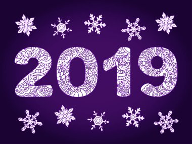 Çekilen numaralar 2019 karışık zen şekillerle desenli el. El yazısı ile dekore takvim, afiş, yeni yıl kartı için görsel üç boyutlu efekt 2019 yazı tipi. Beyaz izole. EPS 10
