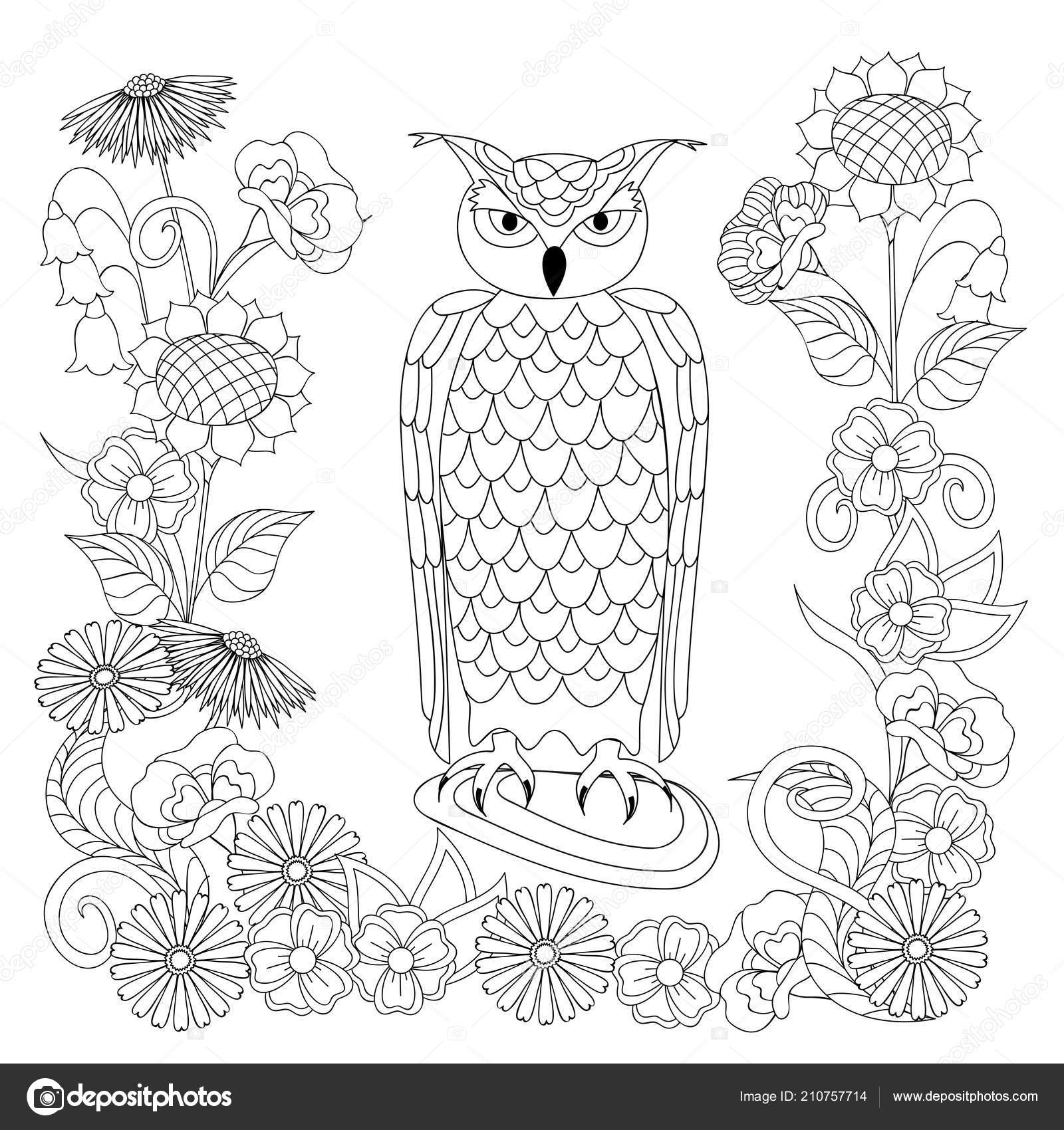Download Coloring Page Hand Drawn Patterned Owl Stone Flowers Children Adult Stock Vector Royalty Free Vector Image By C Sliplee 210757714