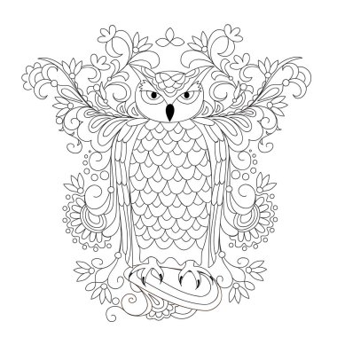 Sayfa ile el çekilmiş desenli baykuş boyama kitabı, albüm, duvar duvar yetişkin antistress taş ve mehendi çiçeklere üzerinde boyama, şablon dövme. EPS 10