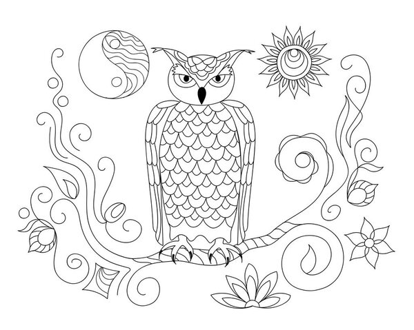 Coloring page with hand drawn patterned owl on the twig and yin yang sun symbol for adult antistress coloring book, album, wall mural, tattoo template. eps 10