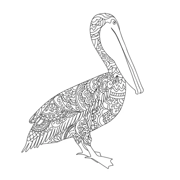 Disegno Colorare Con Pelican Disegnato Mano Isolato Sul Bianco Bambini — Vettoriale Stock