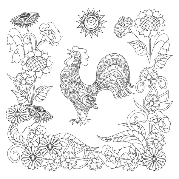 Disegno Colorare Con Gallo Disegnato Mano Tra Fiori Bambini Adulti — Vettoriale Stock