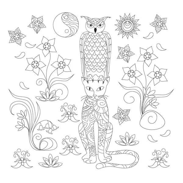 Página Para Colorear Con Búho Dibujado Mano Gato Entre Flores — Vector de stock