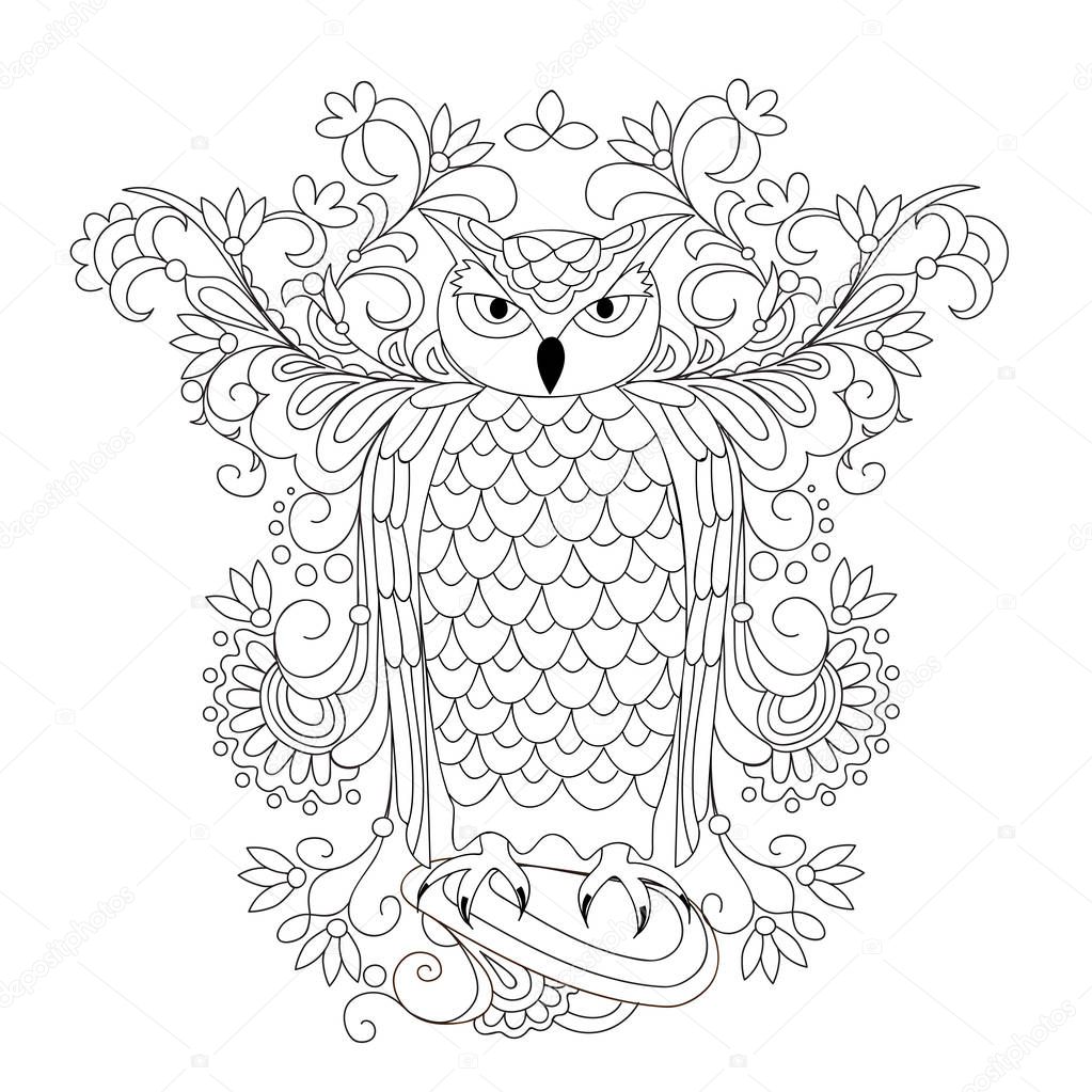 Coloring page with hand drawn patterned owl on the stone and mehendi flowers for  adult antistress coloring book, album, wall mural, tattoo template. eps 10