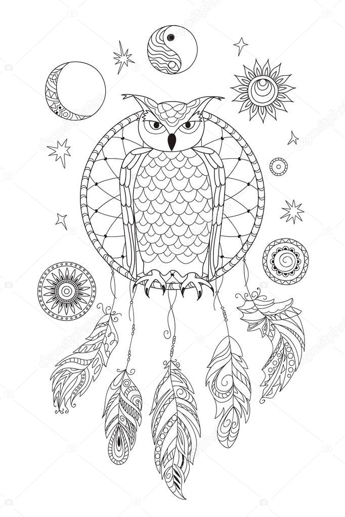 Coloring page with symbol moon, sun, jin yang, patterned owl and feathers for adult antistress coloring book, album, wall mural, art, tattoo. Black and white outline illustration.  eps 1