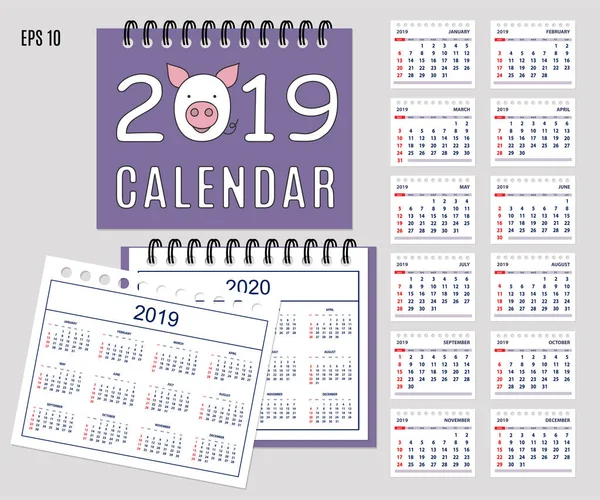 Skrivbord Kalenderår 2019 Med Tecknad Gris Munkorg Omslaget Uppsättning Månaders — Stock vektor