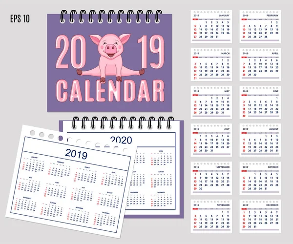 Бюро Календарний Рік 2019 Милий Мультфільм Piggy Обкладинці Набір Місяців — стоковий вектор