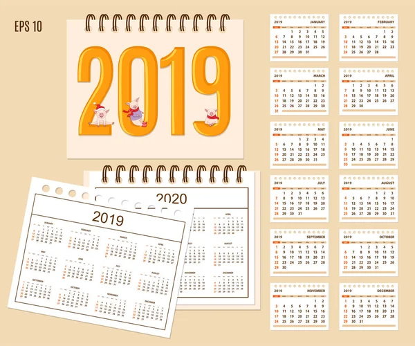 Scrivania Anno Calendario 2019 Con Simpatici Maialini Dei Cartoni Animati — Vettoriale Stock