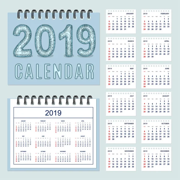 Calendario Americano Clásico Para Año Pared 2019 Con Zen Tangle — Vector de stock