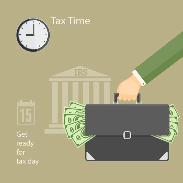 Flat modern business concept of tax day, payments time, tax time with human hand keeping the briefcase with money and wall clock on the irs building background. EPS 1