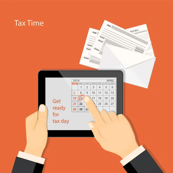 平现代设计理念的纳税日 税款计数时间与人的手指显示在日期4月15日的日历2019年在平板电脑 Eps — 图库矢量图片