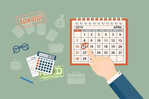 税金の日 2019 日の日付を示す人間の指で時間を数えて税のフラットな近代的なデザイン コンセプト スパイラル卓上カレンダーの 2019 月年ページのモックアップ Eps — ストックベクタ