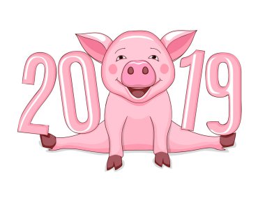 Karikatür pembe piggy, sembol 2019 yılı ile üç boyutlu görsel sayı 2019 Çince Astroloji göre. Gösterim amacıyla yeni yıl kartı, takvim kapak. Beyaz izole. EPS 10