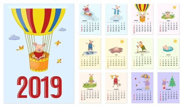 Barn Kalender För Vägg 2019 Gris Set Månaders Isolerade Sidor — Stock vektor