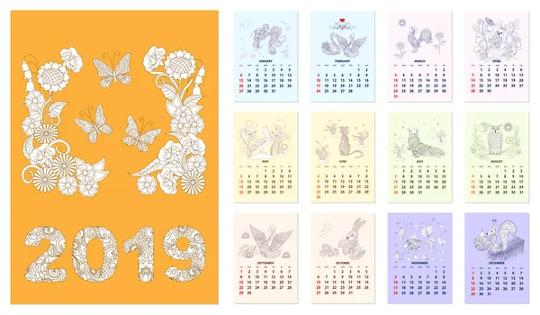 American Calendar Desk Wall 2019 Year Set Month Isolated Pages — Stock Vector