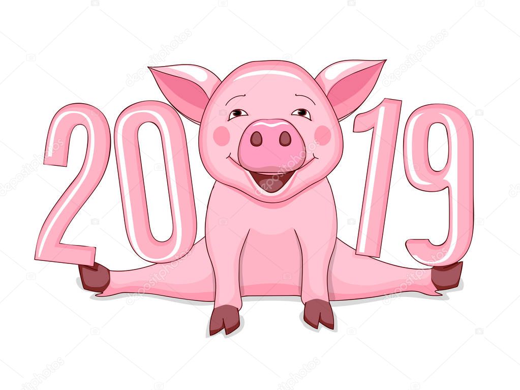 Cartoon pink piggy, symbol 2019 year according to Chinese astrology with three dimensional visual number 2019. Illustration for new year card, calendar cover. Isolated on white. eps 10