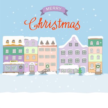Noel kartı illüstrasyon karikatür retro şehir şerit ve elle yazılmış kelime Noel Kış gökyüzünde Merry kelime. Cityscape kış eski şehrin. EPS 10