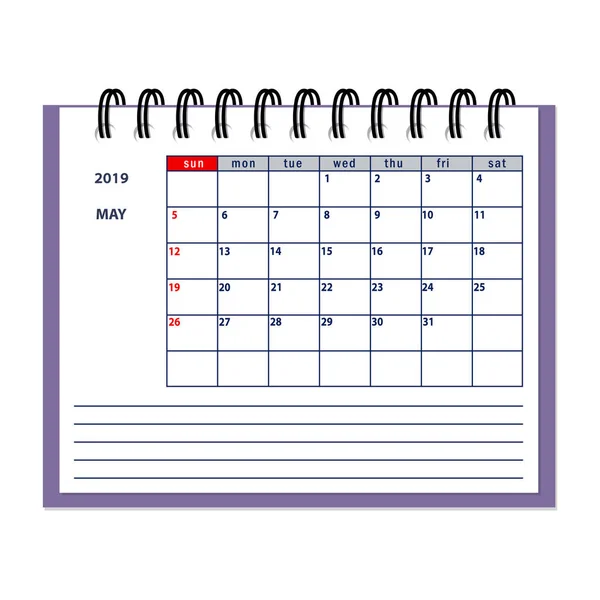 Isolerade Sida Maj 2019 För Business Planner Calendar Vita Flat — Stock vektor
