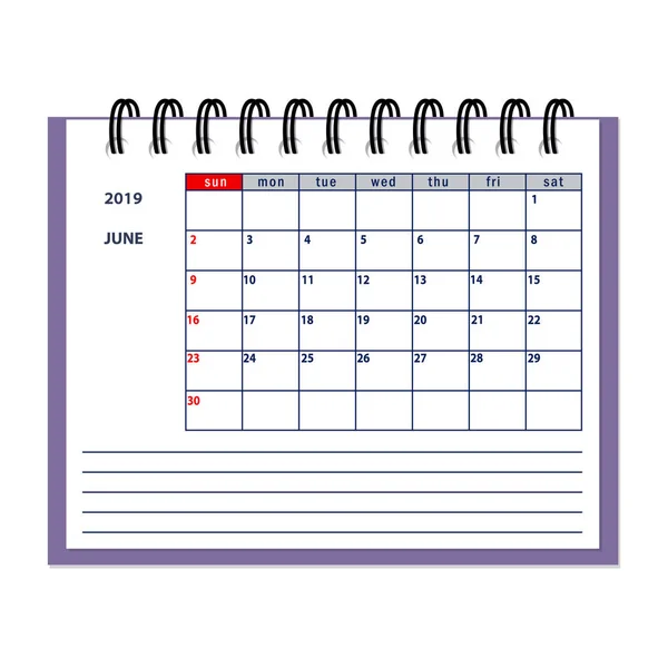 Isolerade Sida Juni 2019 För Business Planner Calendar Vita Platt — Stock vektor