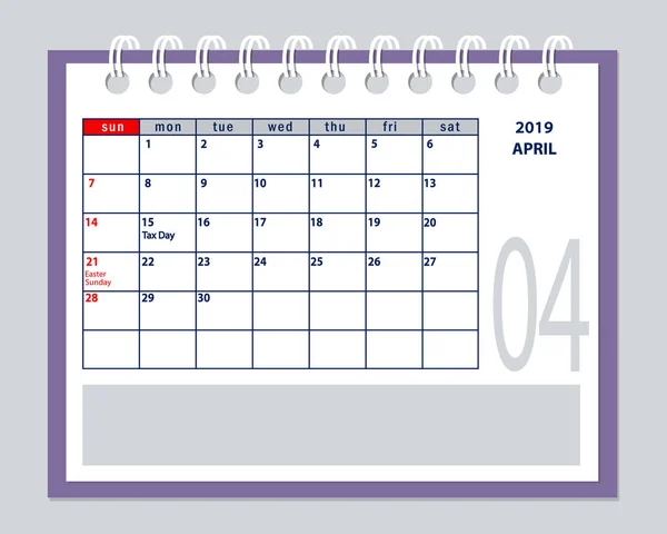 Aprile Pagina Anno 2019 Del Calendario Americano Con Giorno Imposta — Vettoriale Stock
