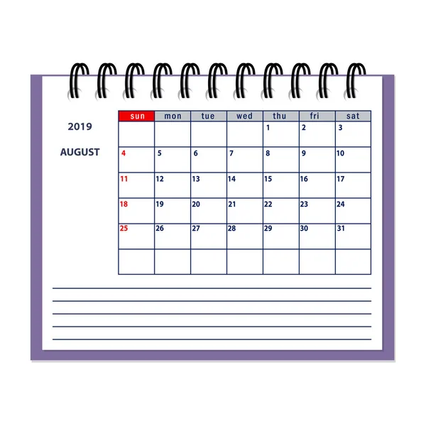 Isolerade Sidan Augusti 2019 För Business Planner Calendar Vita Flat — Stock vektor