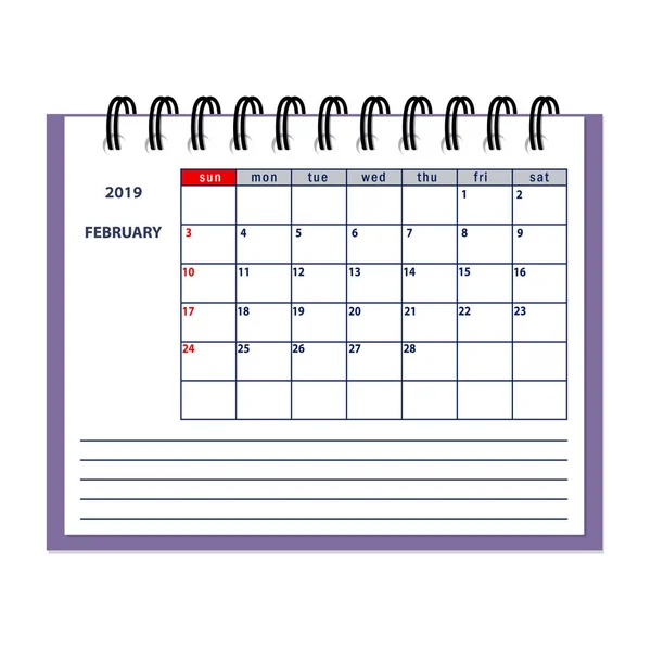 Isolerade Sidan Februari 2019 För Business Planner Calendar Vita Flat — Stock vektor