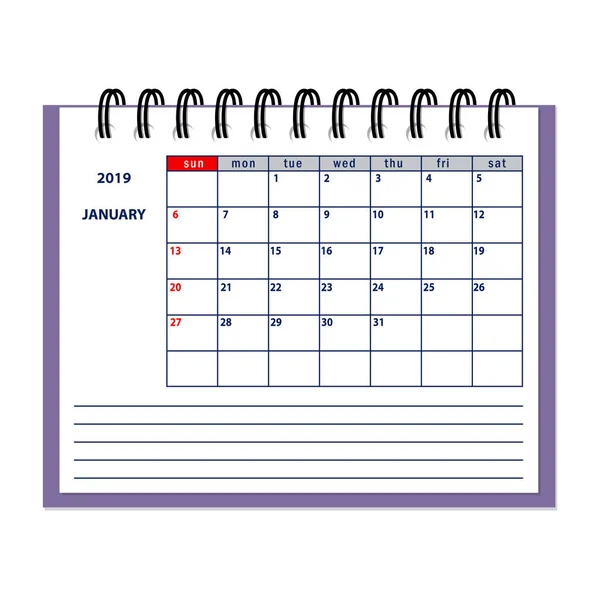 Isolerade Sidan Januari 2019 För Business Planner Calendar Vita Flat — Stock vektor