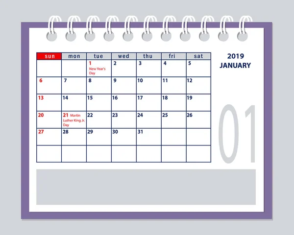 Gennaio Pagina Anno 2019 Del Calendario Americano Con Festività Federali — Vettoriale Stock