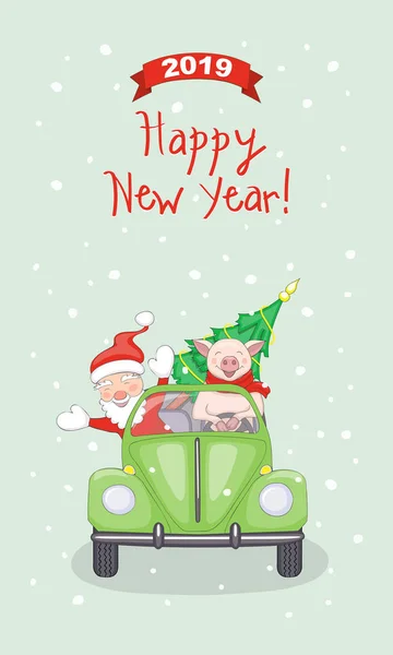 2019年カード漫画貯金箱 サンタ クロースに赤いリボンと冬の背景に手書きの文字 Happy New Year 2019 レトロ車数値で旅行します Eps — ストックベクタ