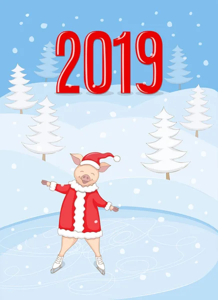 New Year 2019 Banner Skating Cute Cartoon Piggy Santa Hat — Stock Vector