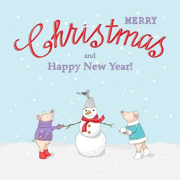 Carte Nouvel Avec Texte Manuscrit Joyeux Noël Bonhomme Neige Porcelets — Image vectorielle