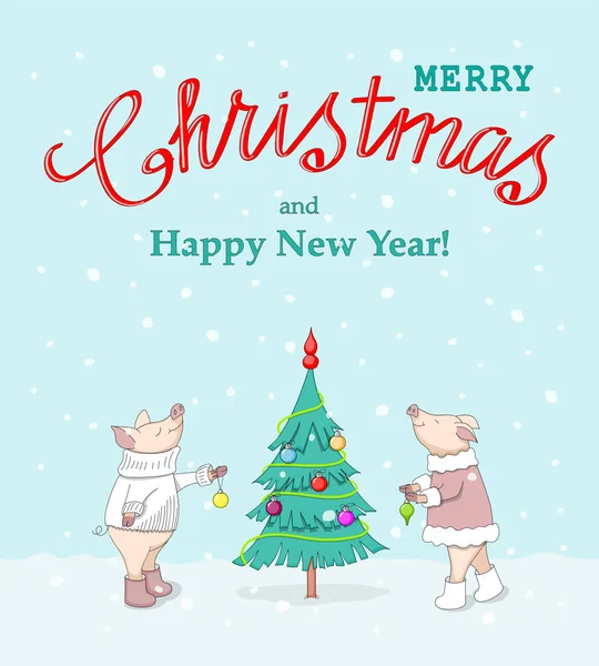 Nouvelle Carte Année Avec Texte Écrit Main Joyeux Noël Décoration — Image vectorielle