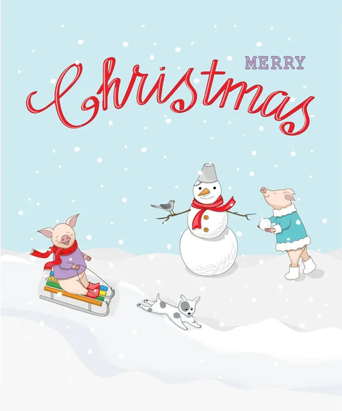 Carte Noël Avec Texte Manuscrit Joyeux Noël Bonhomme Neige Chien — Image vectorielle