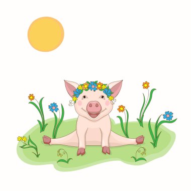 İzole karikatür sevimli domuzcuk, sembol yıl 2019 Çince Astroloji ve çiçek çelenk ile oryantal takvim göre. Çocuklar illüstrasyon domuzcuk çayırda yaptırın. EPS 10