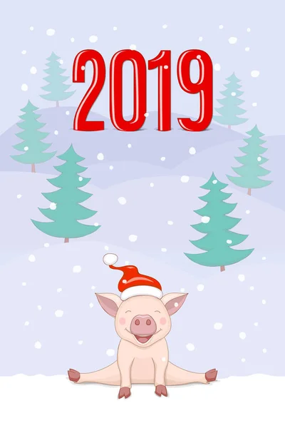 雪と冬の景色の背景に等尺性の赤い数値 2019 に座っているサンタ帽子でかわいい漫画の貯金箱を笑顔で新年 2019年バナー Eps — ストックベクタ
