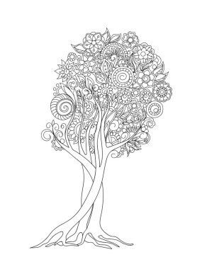 El desenli ağaç taç zen dolaştırmak tarzında çekilmiş. İzole görüntü için yetişkin anti-stres boyama kitabı, ev sanat, duvar süslemeleri. Tek renkli vektör çizim anahat. EPS 1