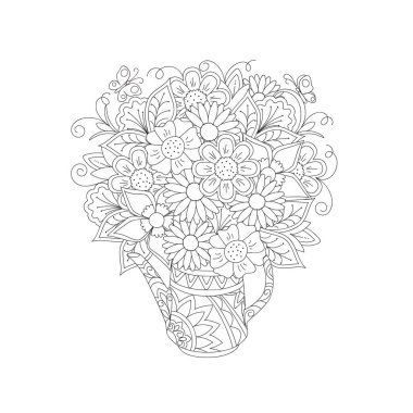 El desenli çaydanlık zen dolaştırmak tarzı çiçek buketi ile çekilmiş. İzole görüntü için yetişkin anti-stres boyama kitabı, ev sanat, duvar süslemeleri. Tek renkli vektör çizim anahat. EPS 10