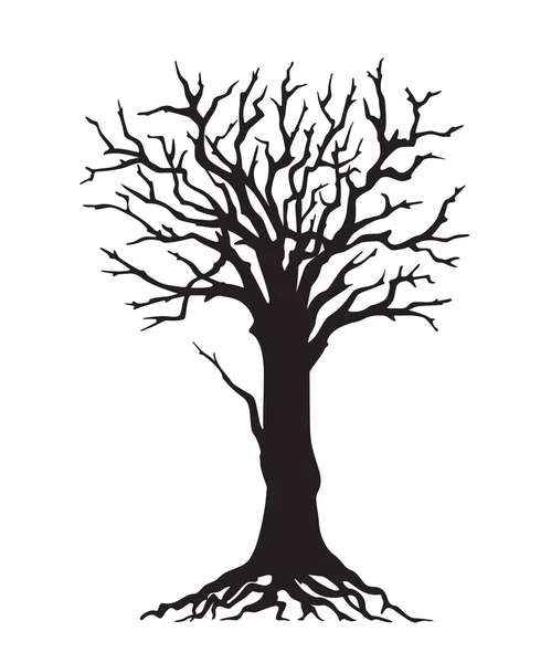 Schwarzer Silhouettenbaum mit Wurzeln ohne Blätter — Stockvektor