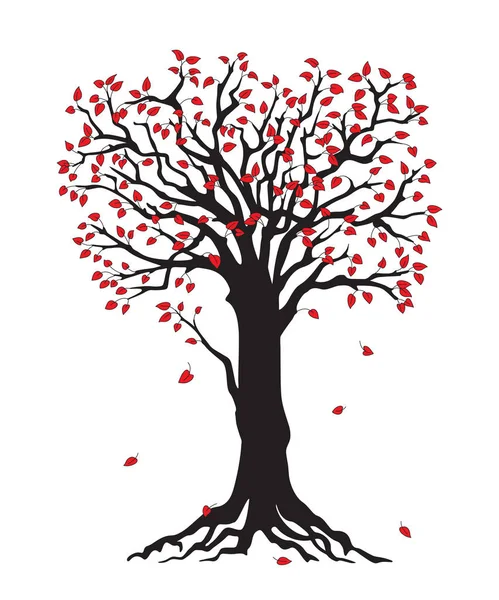 Schwarzer Silhouettenbaum mit roten Blättern — Stockvektor