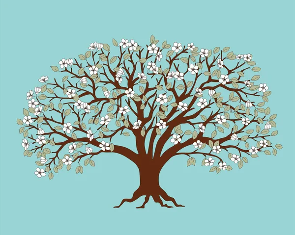 深棕色剪影苹果树与白花 — 图库矢量图片