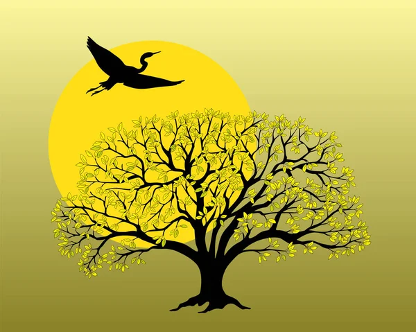 Manzano silueta negra con garza voladora y sol — Archivo Imágenes Vectoriales