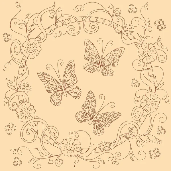 ボーホスタイルのベージュの花のマンダラと蝶 — ストックベクタ