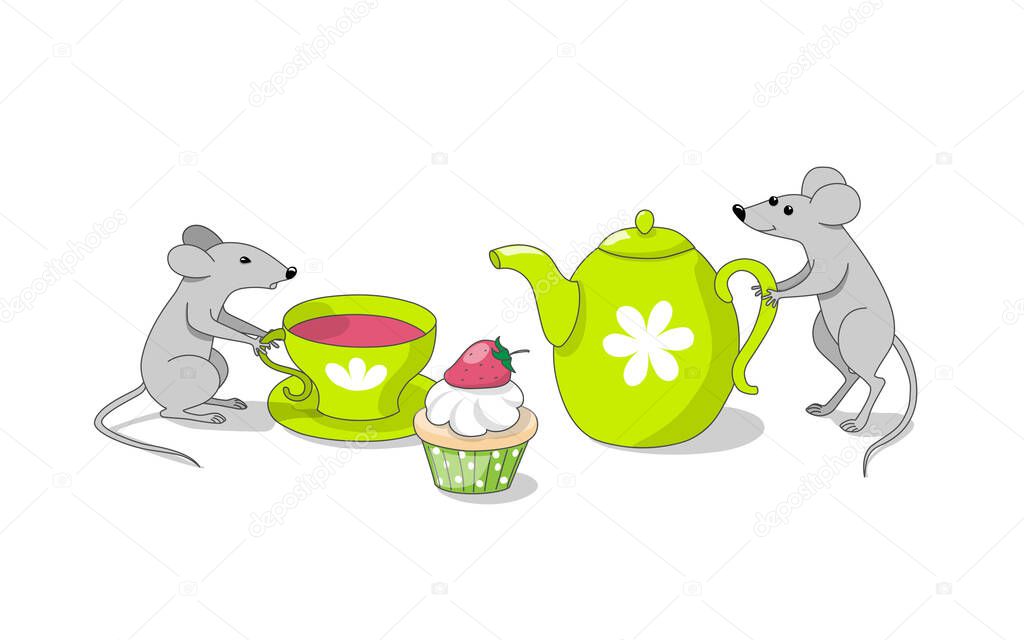 Hand drawn two cartoon mice are drinking tea with tea cup, teapot and cupcake. Vector illustration for children book, home art, decorate wall, kid rooms,  notebook, posters, invitation cards. eps 10