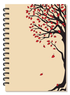 Cover design with drawing black tree, red leaves on the beige backdrop for tutorial cover, school notebook, exercise book, sketchbook, album, copybook. A5 size notebook mockup with spiral. EPS 1 clipart