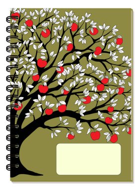 Çizim ağacı, sonbahar elmaları, boş alan, özel ders kapağı için yeşil zemin, okul defteri, egzersiz kitabı, çizim defteri, albüm, defter. Sarmalı 5 boyutlu bir defter modeli. EPS 1