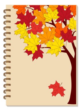 Cover design with hand drawn colorful autumn maple tree for tutorial cover, school notebook, exercise book, sketchbook, album, copybook. A5 size notebook mockup with spiral. EPS 1 clipart