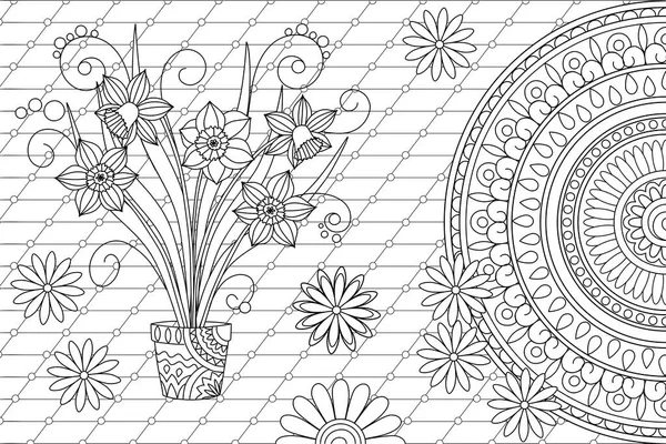 抽象的な花柄の花柄を宝宝風に描きました 大人の着色防止本のための隔離されたページ 壁を飾る 輪郭のモノクロパターン 第10話 — ストックベクタ